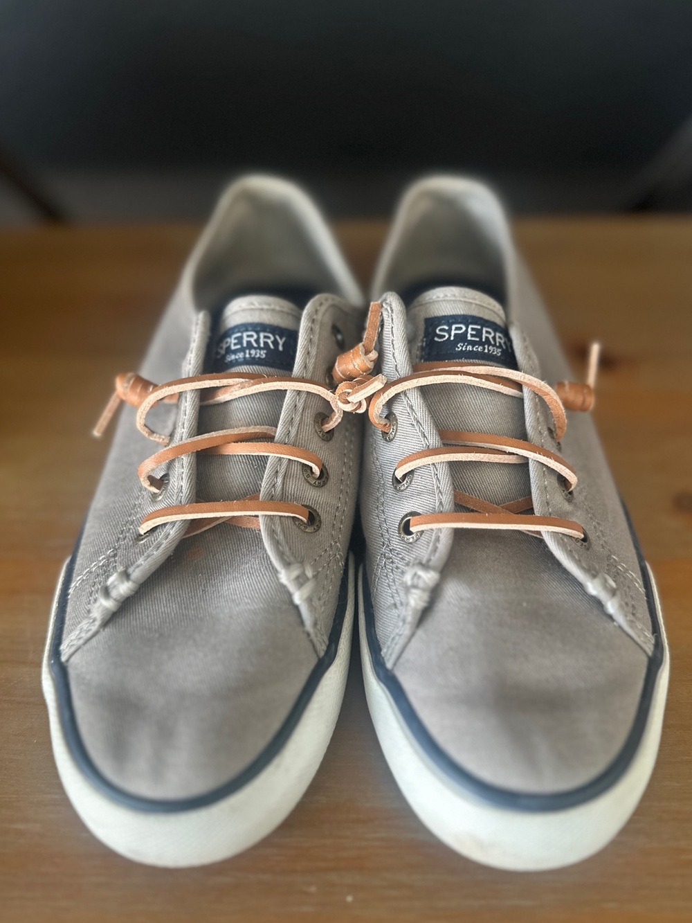 Sperry Gray Canvas Boat Shoes with Tan Leather Laces